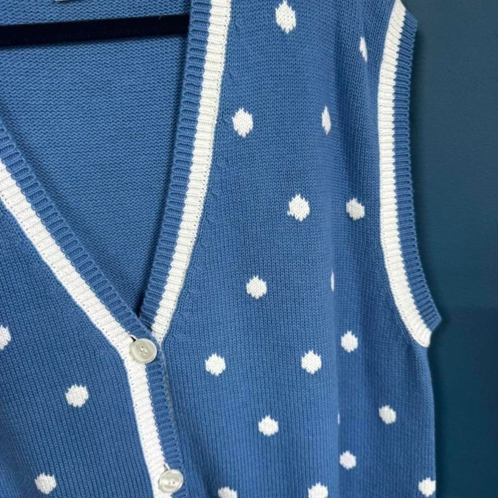 Vintage 1980s Sweater Vest Women's Size XL Blue White Polkadot Lady Lamode Prep - Picture 4 of 8